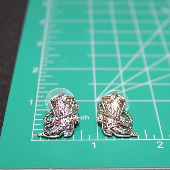 Silver Tone Cowboy Boot Stud Earrings - Picture 6 of 7